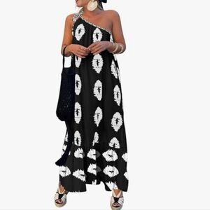 Elegant Black and White One-Shoulder Belted Dress